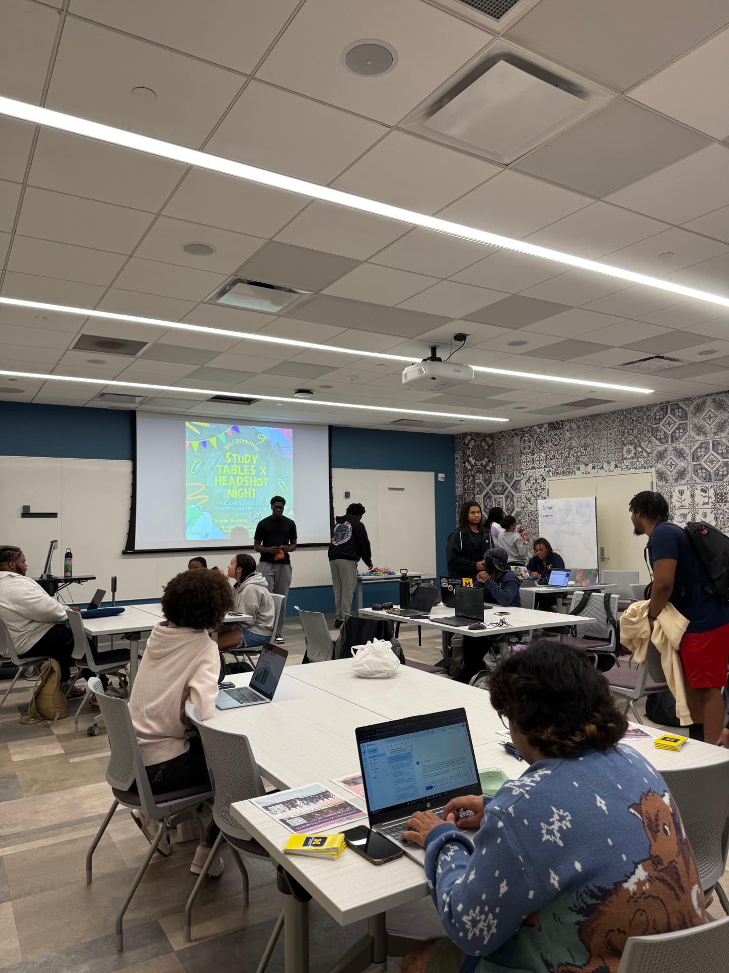 Students studying and connecting at the BSU Study Tables and Headshot Night event