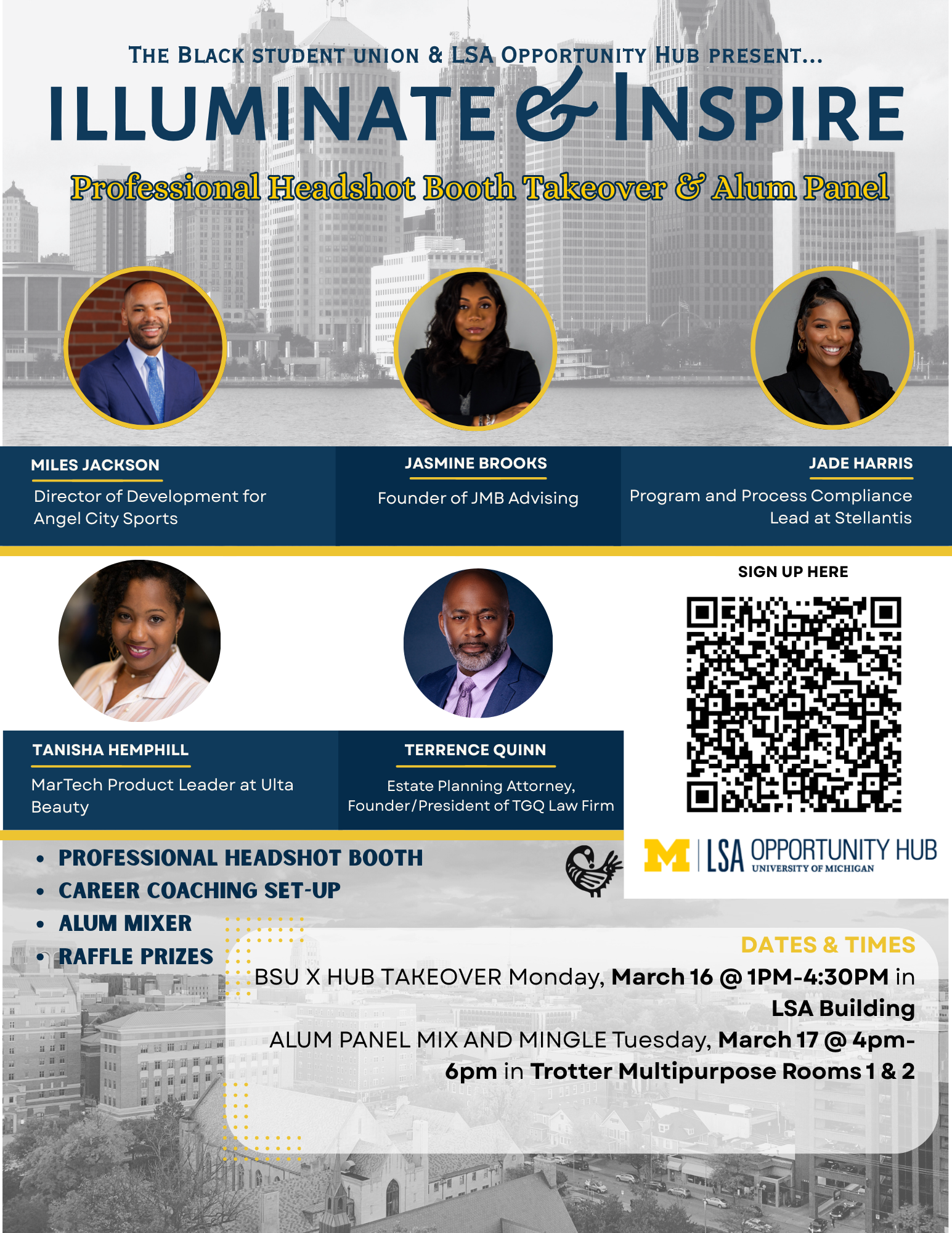 Event flier Sky designed for the 2026 Illuminate and Inspire headshot booth and alum panel